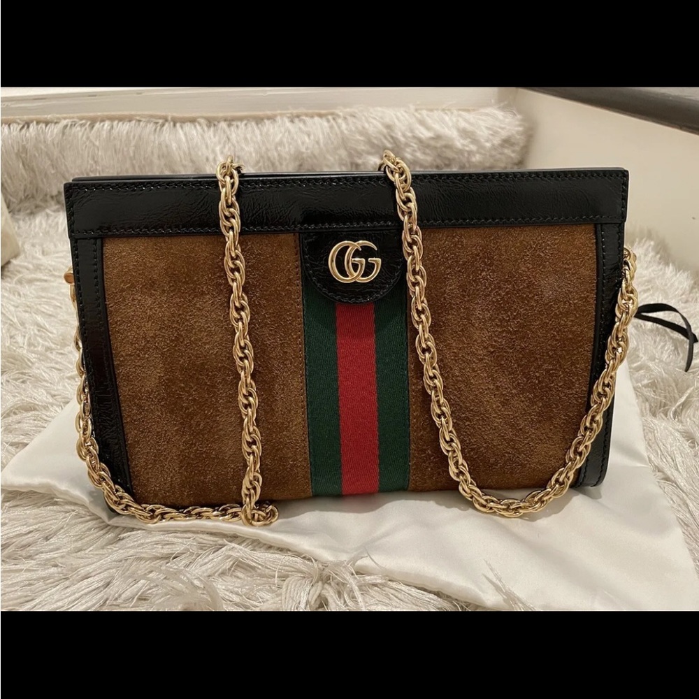 Gucci Ophidia Small Brown Suede Black Patent Leather
Web Stripe GG Bag